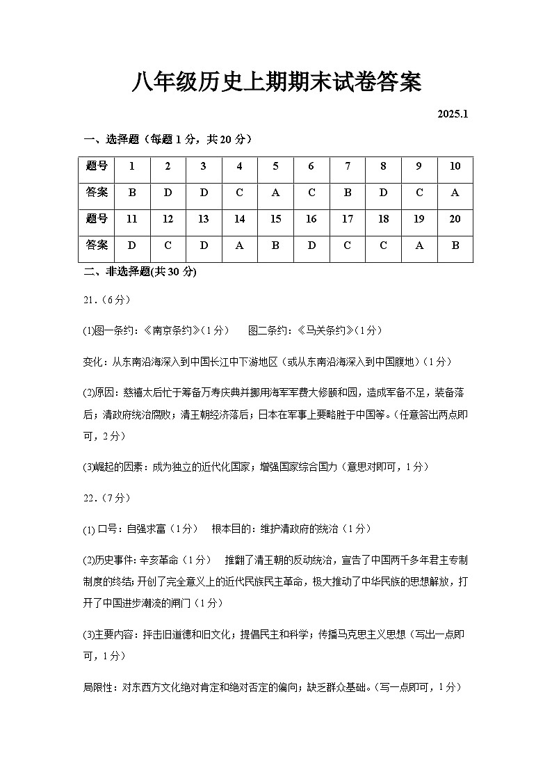 2025.1八年级历史上学期期末试卷答案第1页