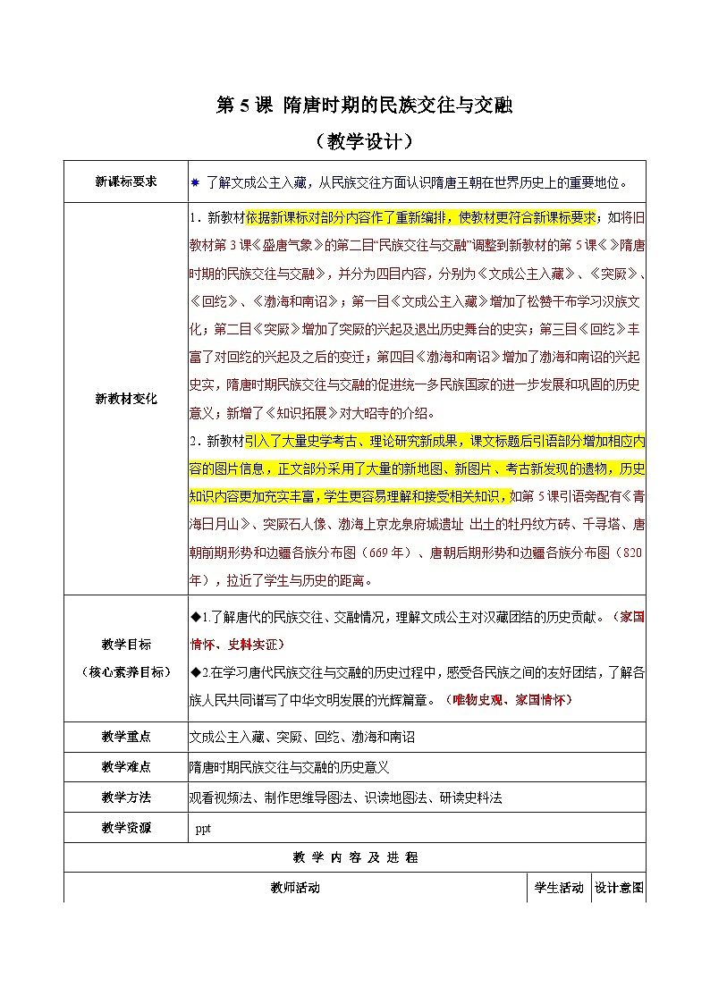 第5课 隋唐时期的民族交往与交融（教学设计）第1页