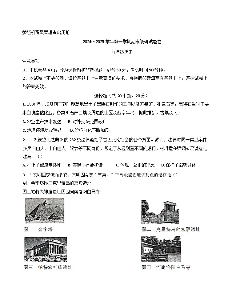 河南省平顶山市2024-2025学年九年级上学期期末历史试题第1页