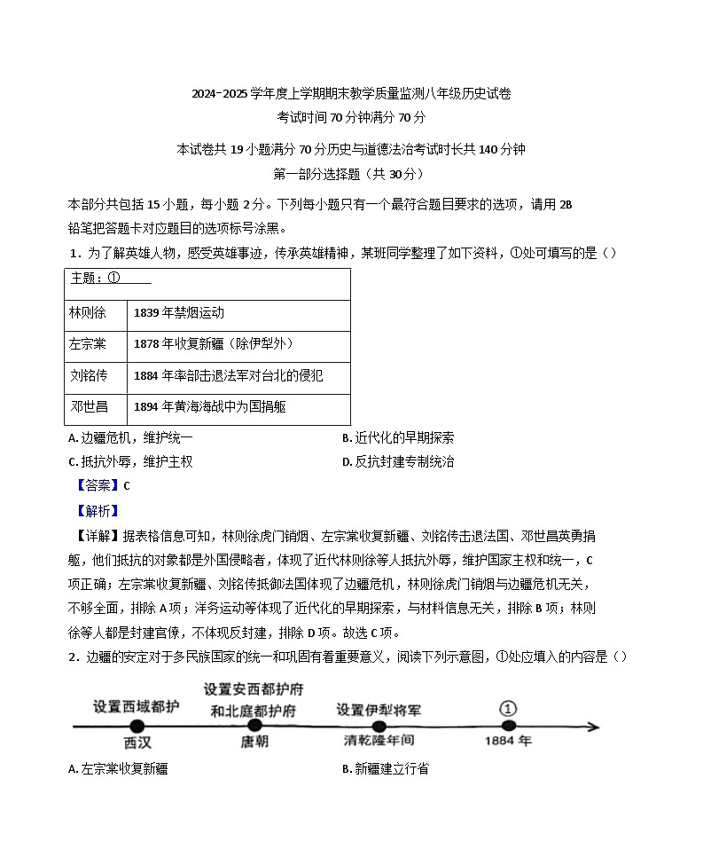辽宁省丹东市东港市2024-2025学年八年级上学期期末历史试题(解析版)第1页