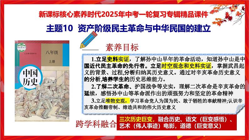 2025中考历史一轮复习：主题10  资产阶级民主革命与中华民国的建立 课件（核心素养+跨学科融合）第1页