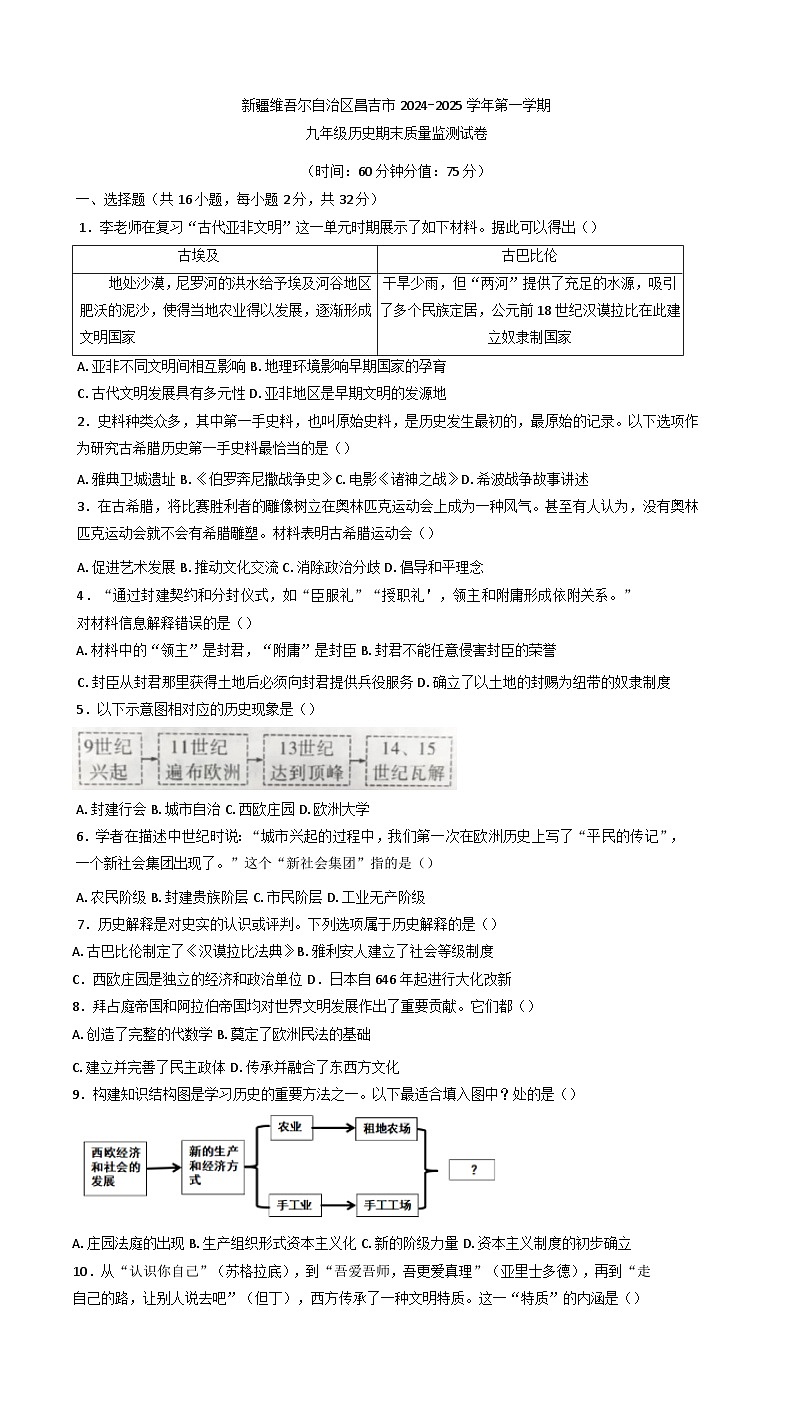 新疆维吾尔自治区昌吉市2024-2025学年上学期九年级历史期末试卷第1页