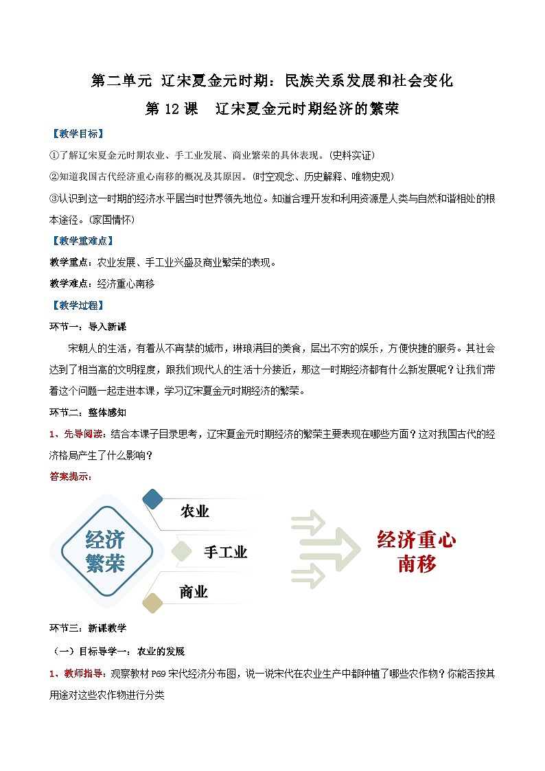 第12课 辽宋夏金元时期经济的繁荣（教学设计） 第1页