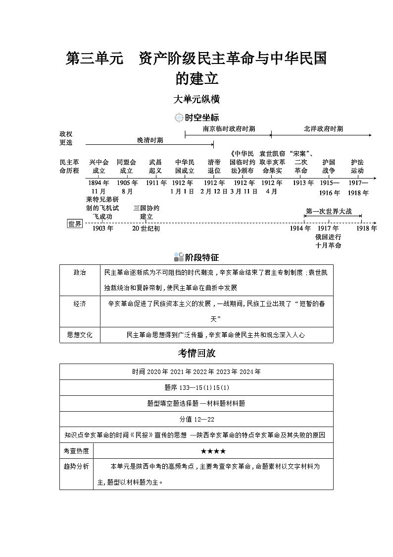 第三单元 资产阶级民主革命与中华民国的建立学案 （含答案）2025年陕西省中考历史一轮专题复习第1页