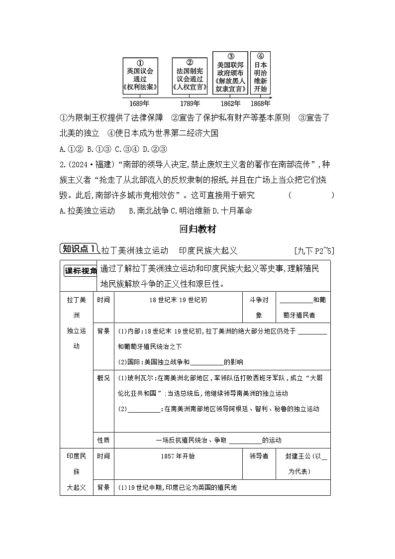 第四单元 殖民地人民的反抗与资本主义制度的扩展学案 （含答案）2025年陕西省中考历史一轮专题复习第2页