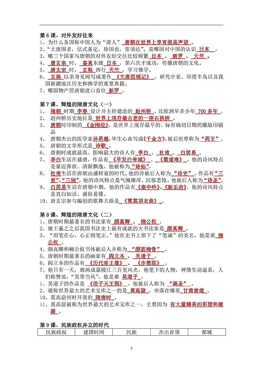 2.人教部编版历史七年级下册期末复习每课过关（填空版）学案第3页