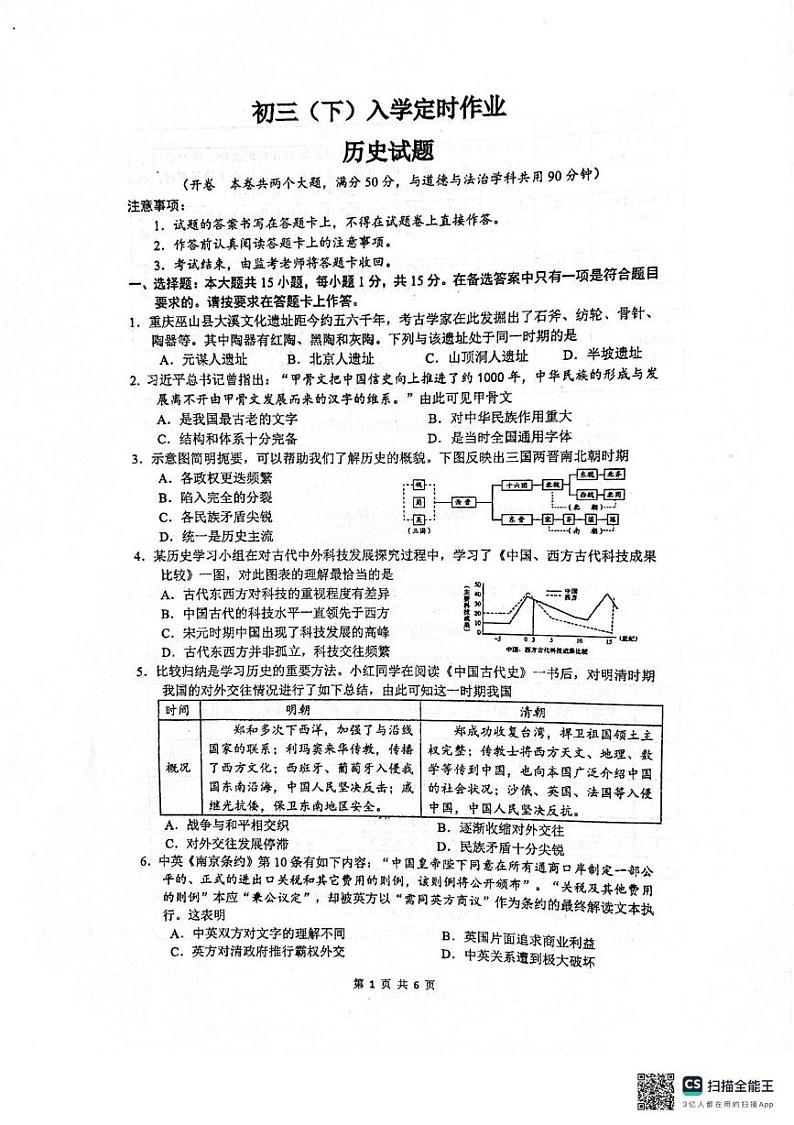 重庆市九龙坡区四川外国语大学附属外国语学校2024-2025学年九年级下学期开学历史试题第1页