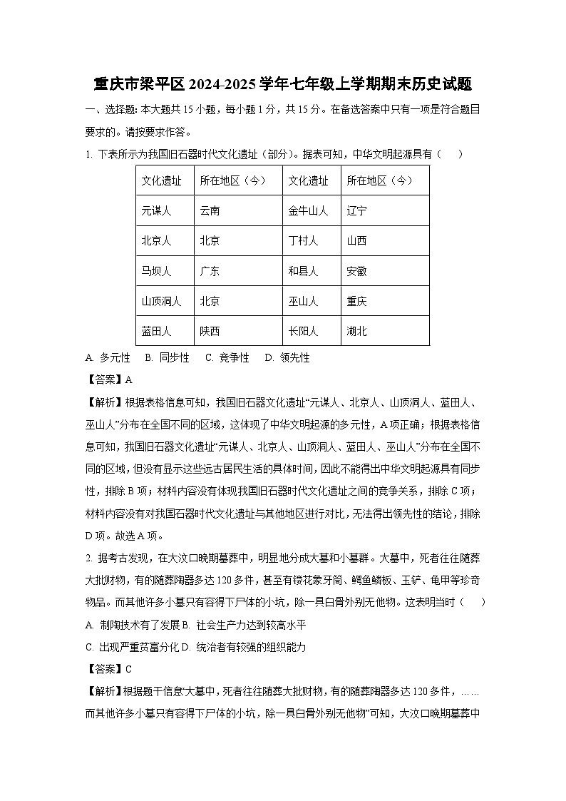 重庆市梁平区2024-2025学年七年级上学期期末历史试卷（解析版）第1页