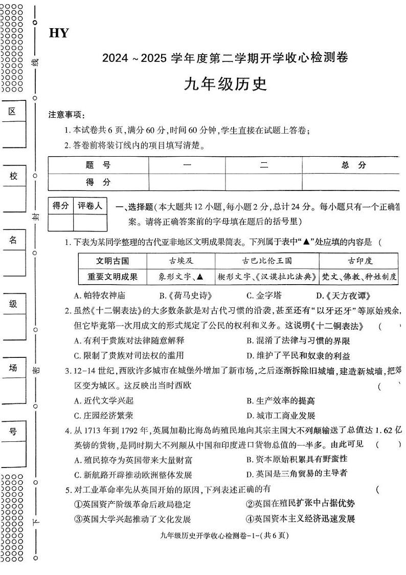 陕西省榆林市子洲县周家硷中学2024-2025学年九年级下学期开学 历史试题第1页