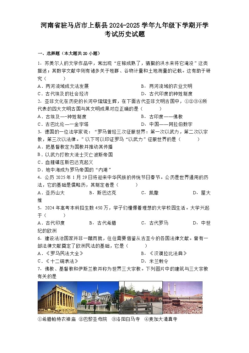 河南省驻马店市上蔡县2024-2025学年九年级下学期开学考试历史试题第1页