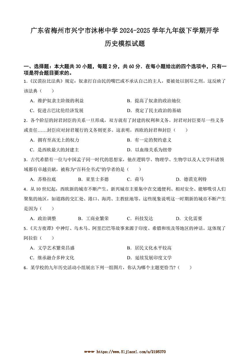 2024～2025学年广东省梅州市兴宁市沐彬中学九年级下开学历史模拟试卷(含答案)第1页