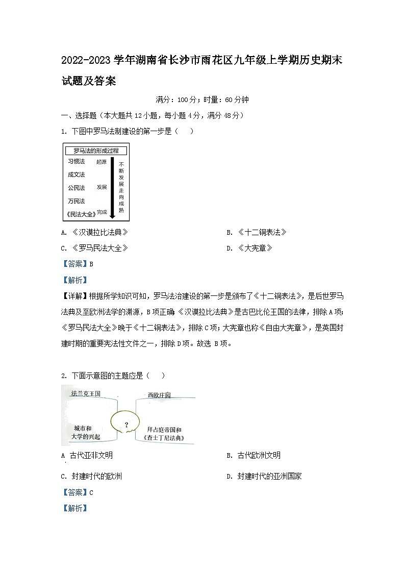 2022-2023学年湖南省长沙市雨花区九年级上学期历史期末试题及答案第1页
