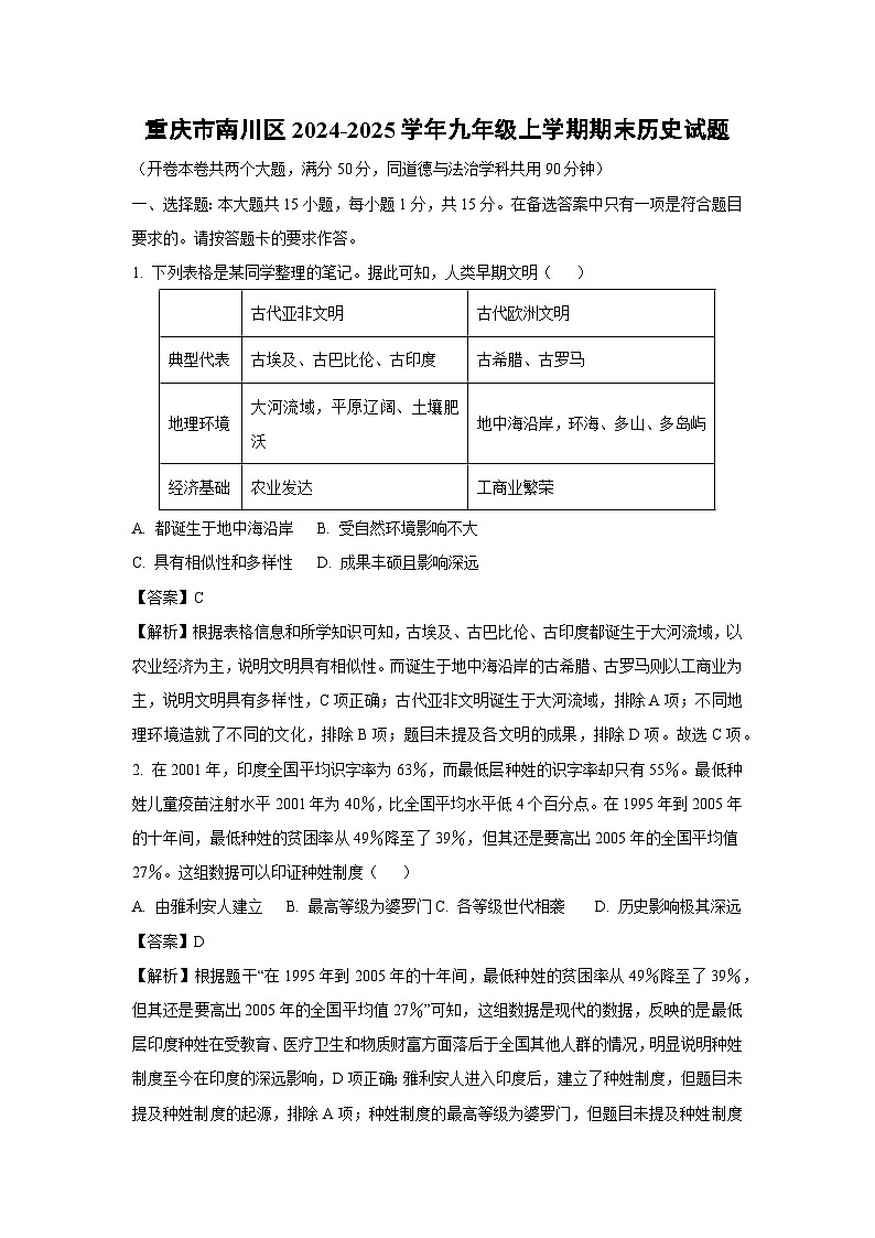 重庆市南川区2024-2025学年九年级(上)期末历史试卷（解析版）第1页