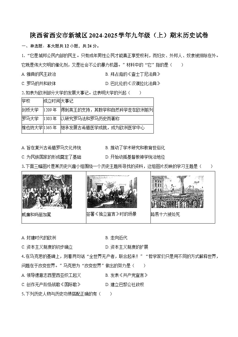 陕西省西安市新城区2024-2025学年九年级（上）期末历史试卷第1页