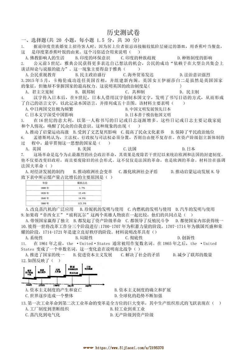 2024～2025学年甘肃省武威市凉州区片区九年级下开学考试历史试卷(含答案)第1页