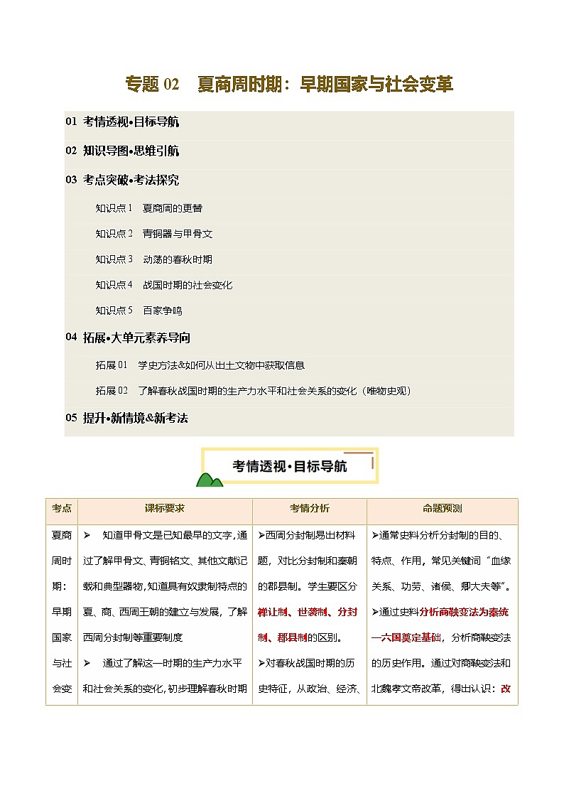 2025年中考历史一轮复习 专题02 夏商周时期：早期国家与社会变革（讲义）（解析版）第1页