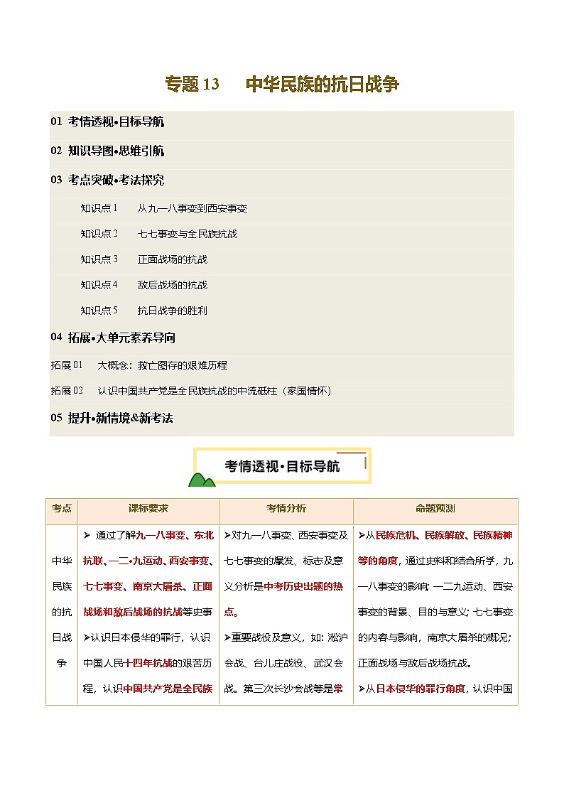 2025年中考历史一轮复习 专题13 中华民族的抗日战争（讲义）（原卷版）第1页