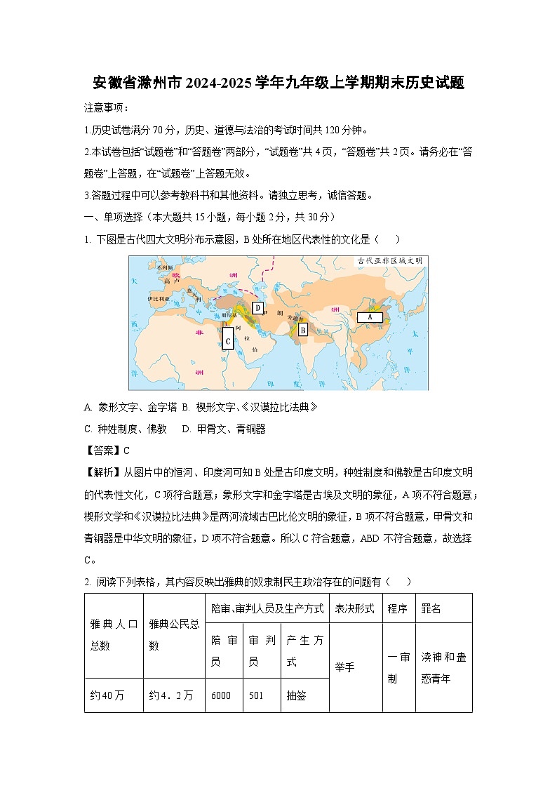 安徽省滁州市2024-2025学年九年级(上)期末历史试卷（解析版）第1页