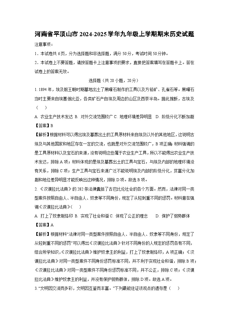 河南省平顶山市2024-2025学年九年级(上)期末历史试卷（解析版）第1页