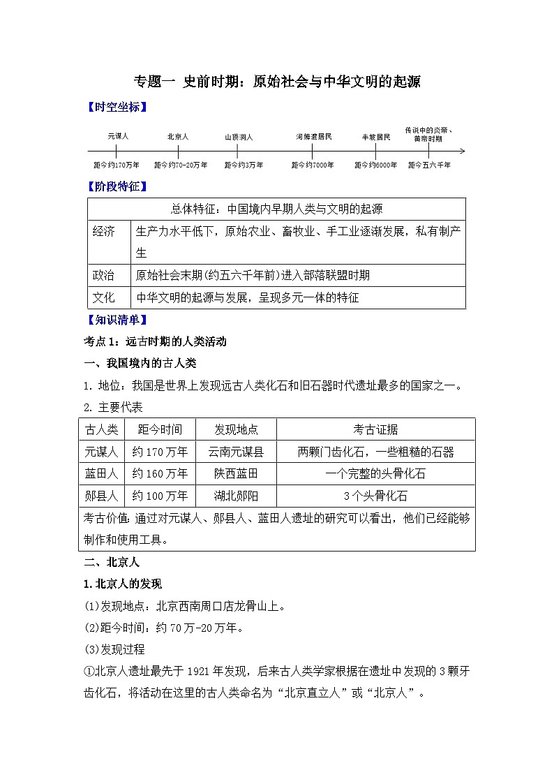 专题一 史前时期：原始社会与中华文明的起源 2025年中考历史一轮复习学案（含答案）第1页