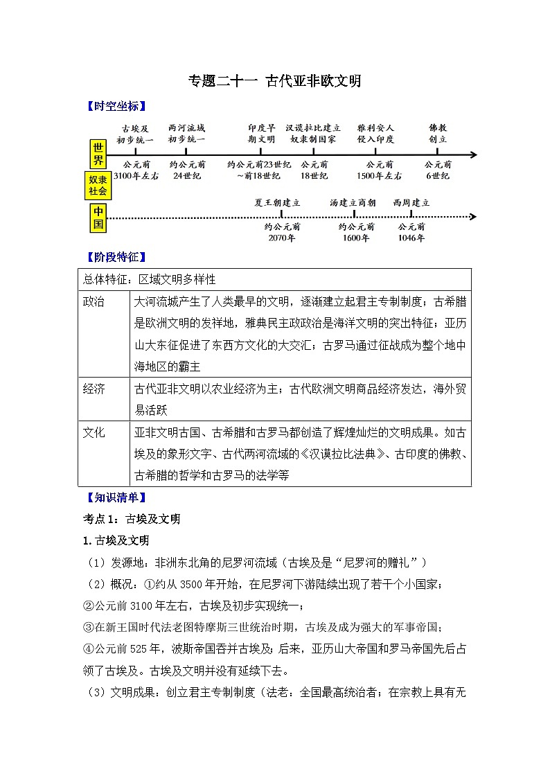 专题二十一 古代亚非欧文明    2025年中考历史一轮复习学案（含答案解析）第1页
