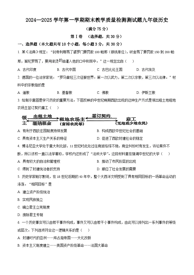 山西省吕梁市交城县2024-2025学年九年级上学期期末历史试题（原卷版）第1页