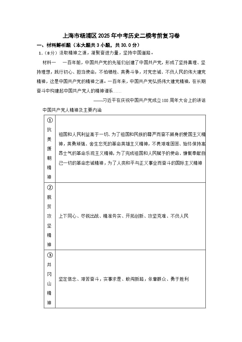 上海市杨浦区2025年中考历史二模考前复习卷第1页