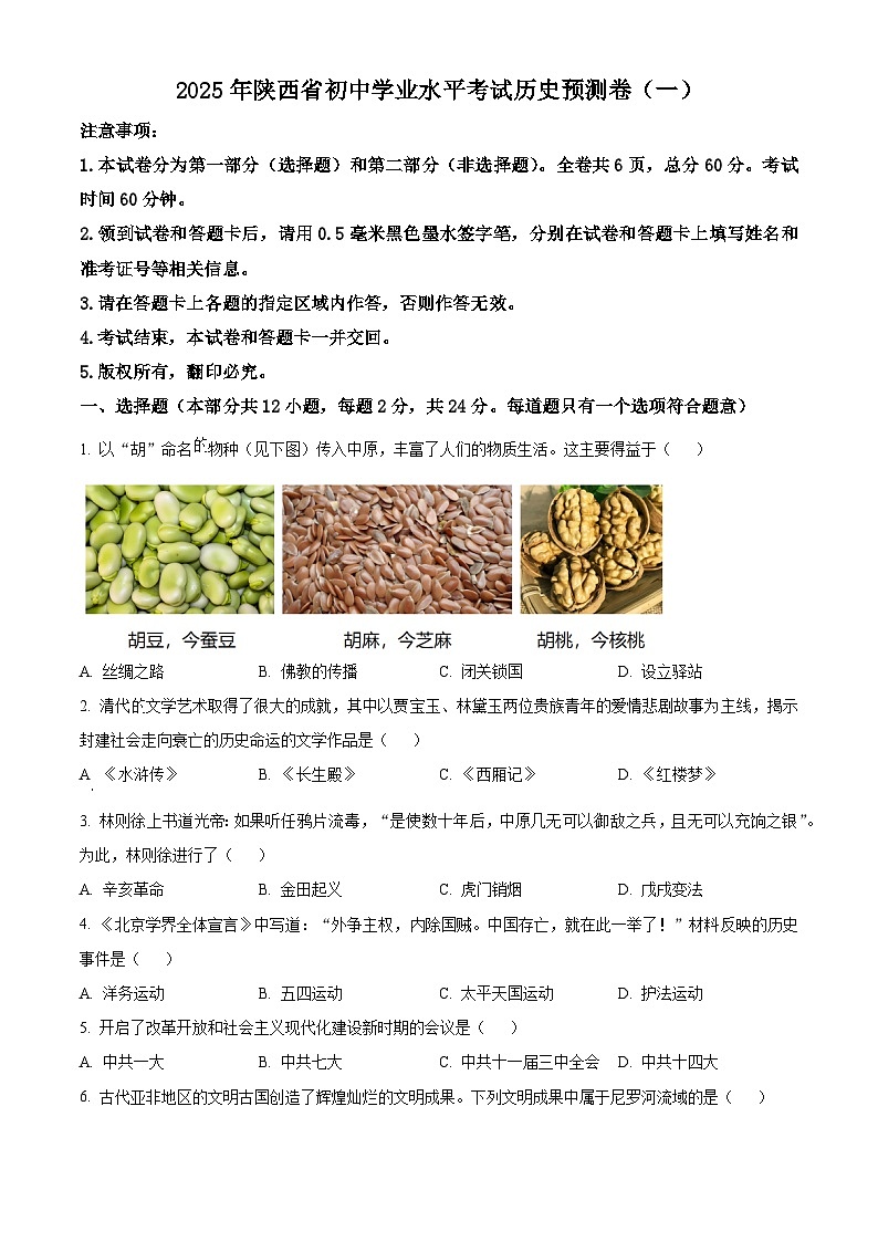 2025年陕西省榆林市定边县中考模拟预测历史试题（原卷版+解析版）第1页