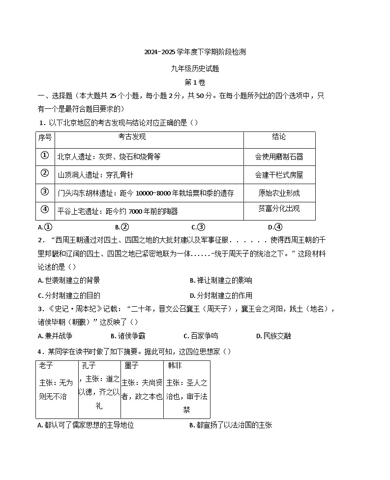 山东省日照市新营中学2024-2025年九年级3月月考历史试题第1页