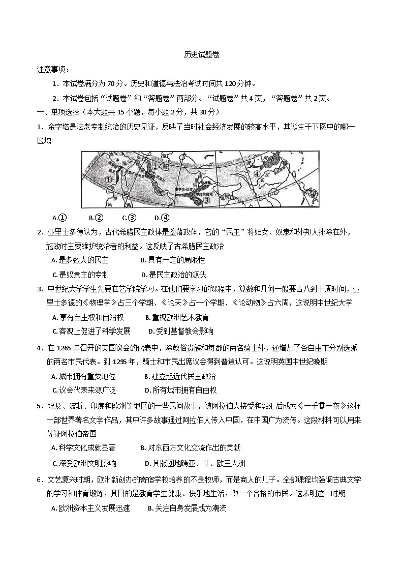 2025年安徽省淮北市五校中考一模历史试题第1页