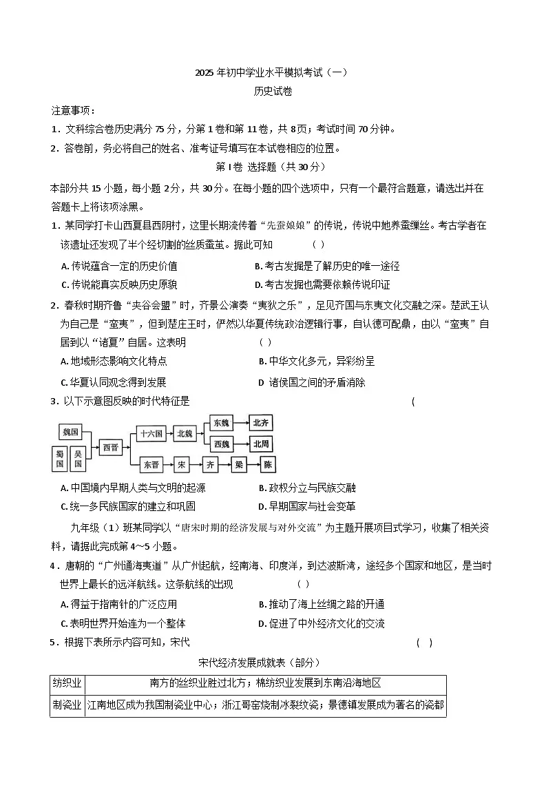 2025年山西省吕梁市方山县中考一模历史试题第1页