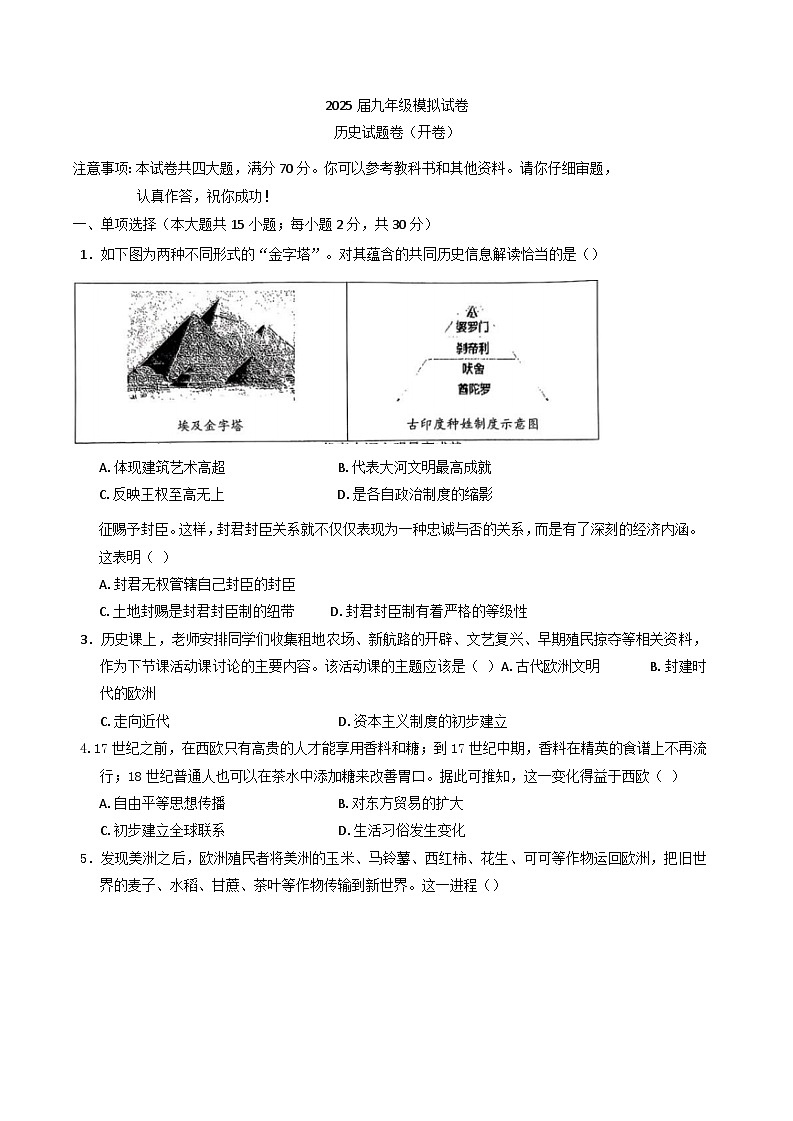 2025年安徽省芜湖市南陵县中考一模历史试题第1页