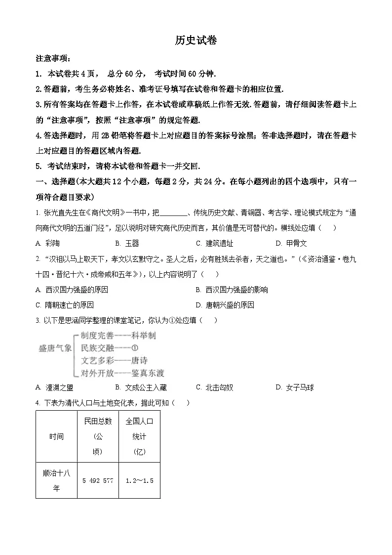 河北省邯郸市临漳县2024-2025学年九年级下学期期末历史试题（原卷版+解析版）第1页
