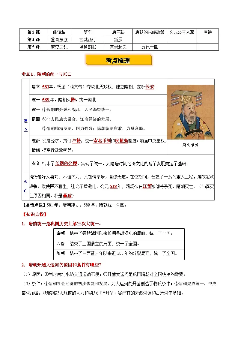 主题03 隋唐时期 （历史时空+热词背诵+考点梳理+素养导向+命题预测）2025年中考历史一轮复习知识清单第2页