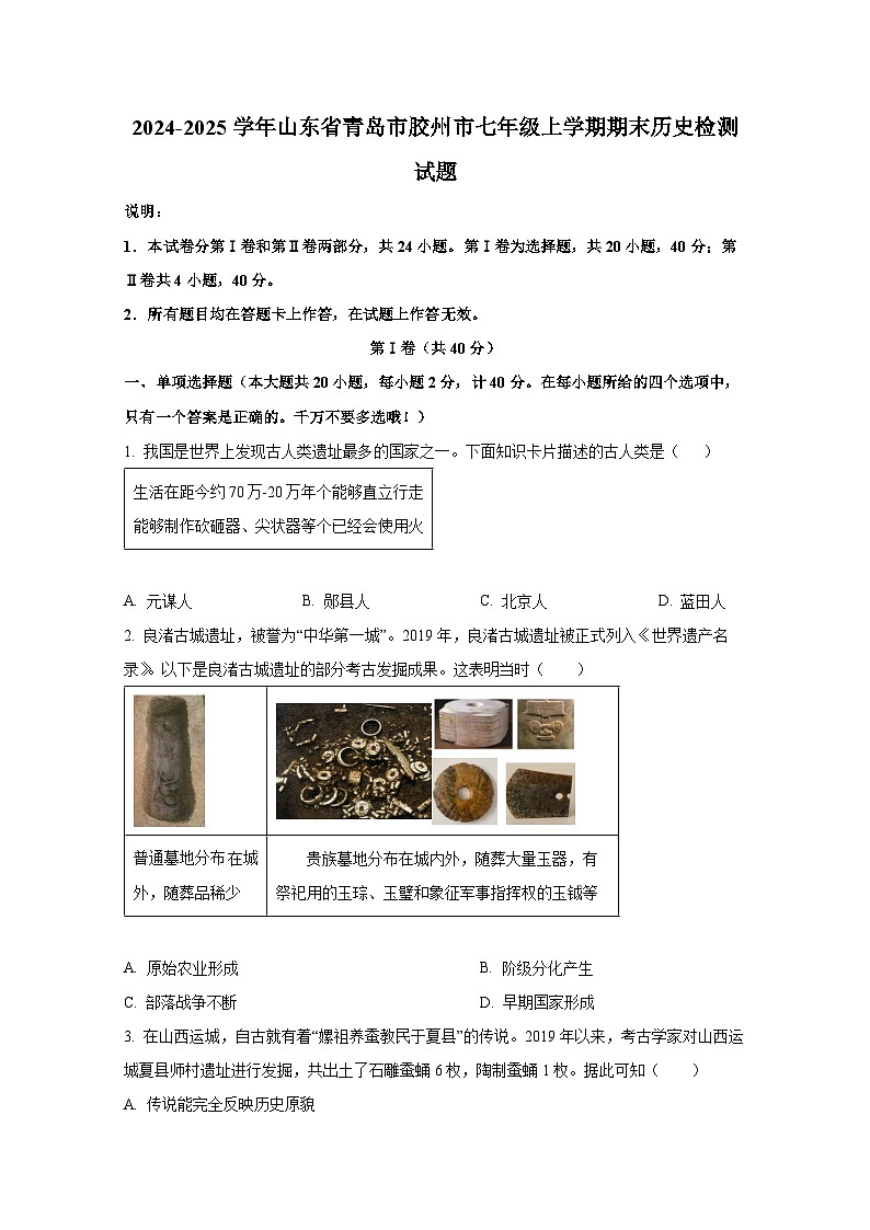 2024-2025学年山东省青岛市胶州市七年级上学期期末历史检测试题（附答案）第1页