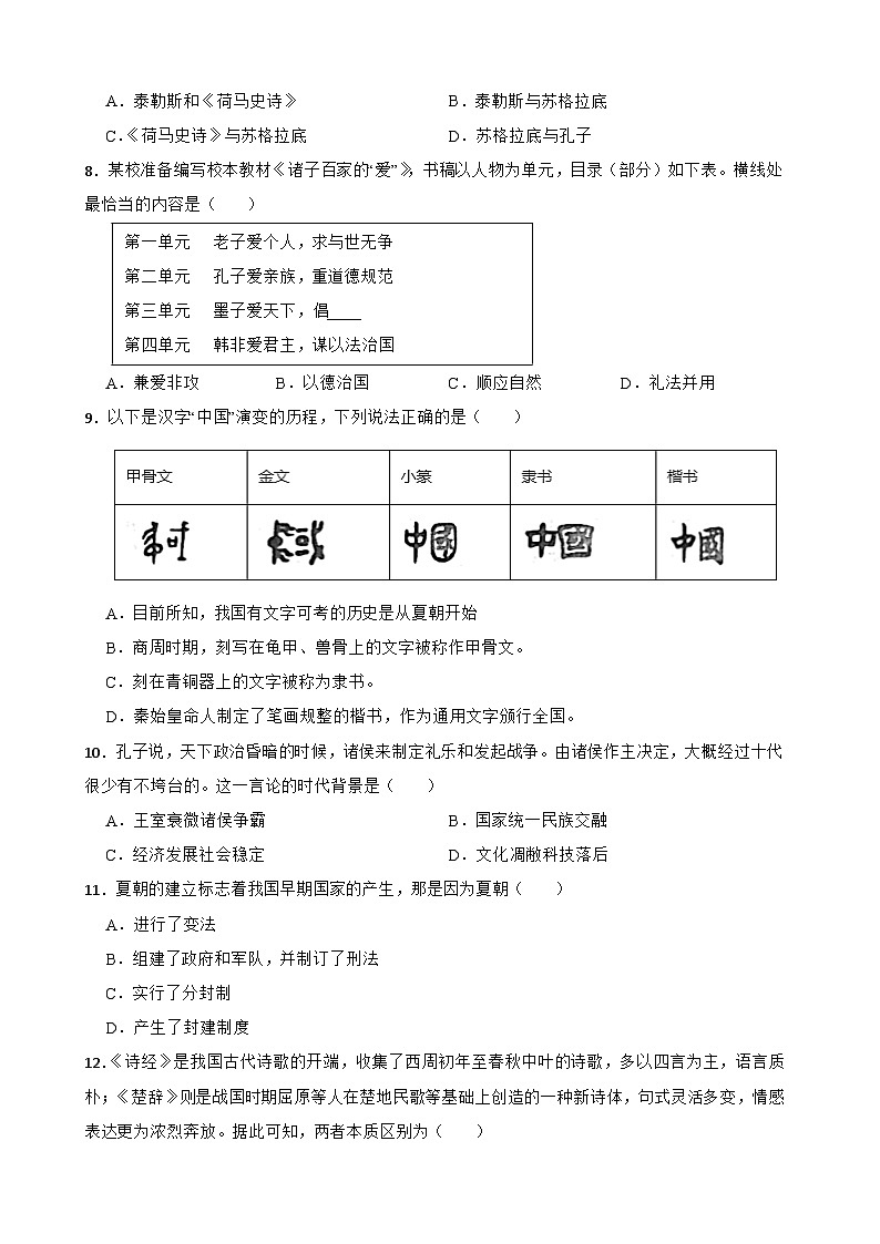 2024—2025学年四川省中考历史专项复习练习(含答案)——夏商周时期第2页