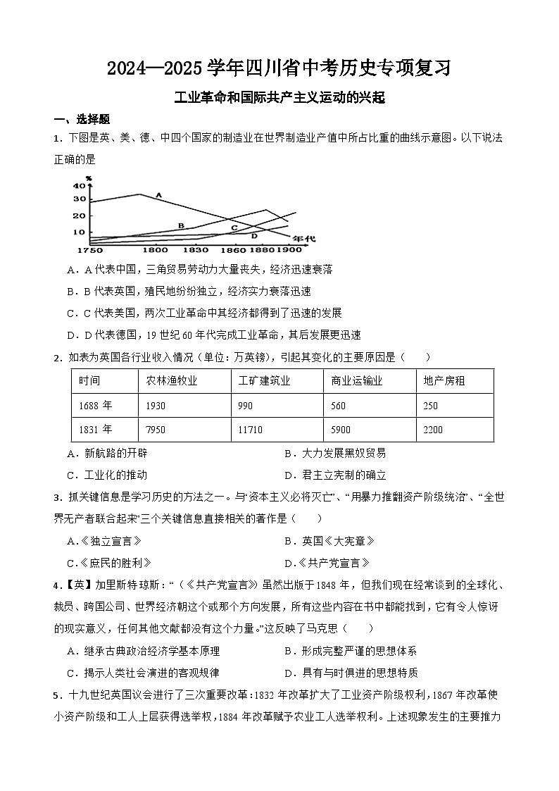 2024—2025学年四川省中考历史专项复习练习(含答案)——工业革命和国际共产主义运动的兴起第1页