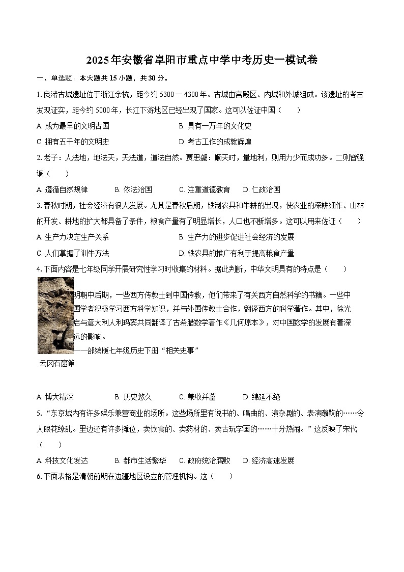 2025年安徽省阜阳市重点中学中考历史一模试卷（解析版）第1页