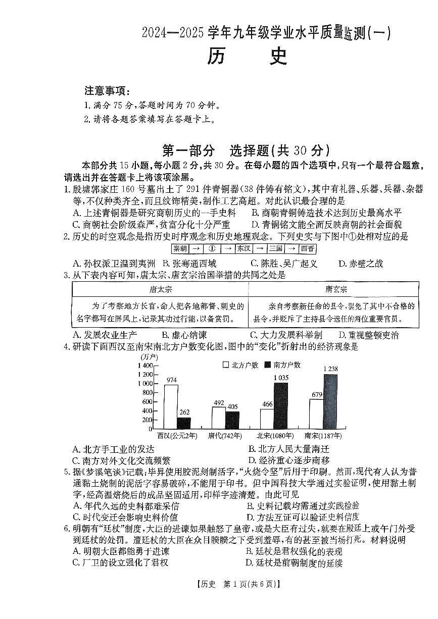 山西省吕梁市石楼县部分学校2025年中考第一次模拟历史试卷第1页