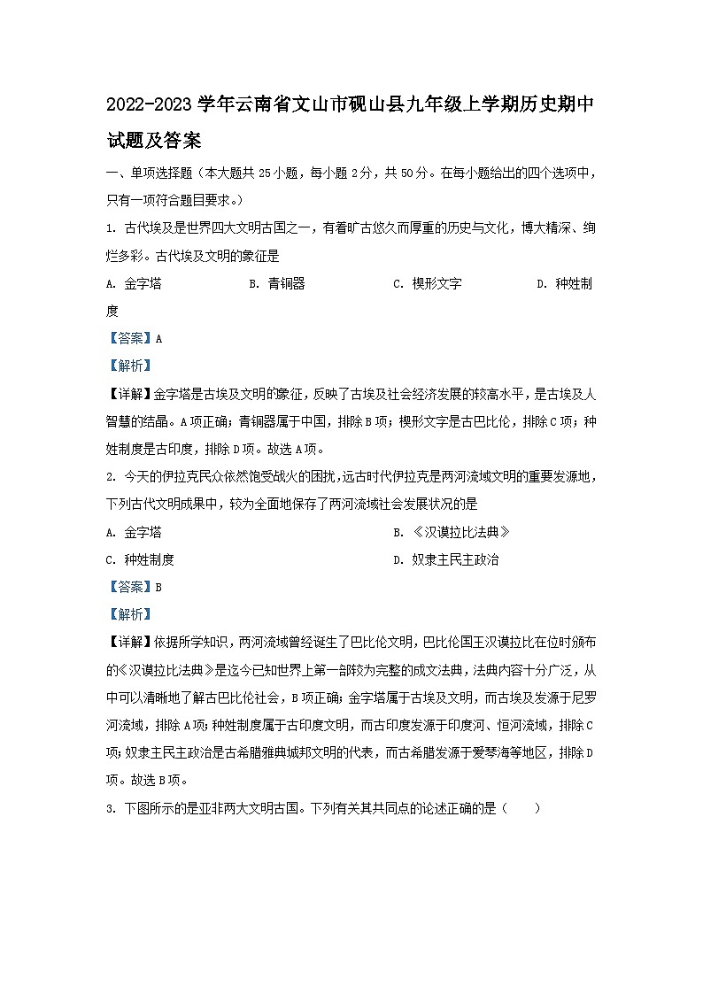 2022-2023学年云南省文山市砚山县九年级上学期历史期中试卷及答案第1页