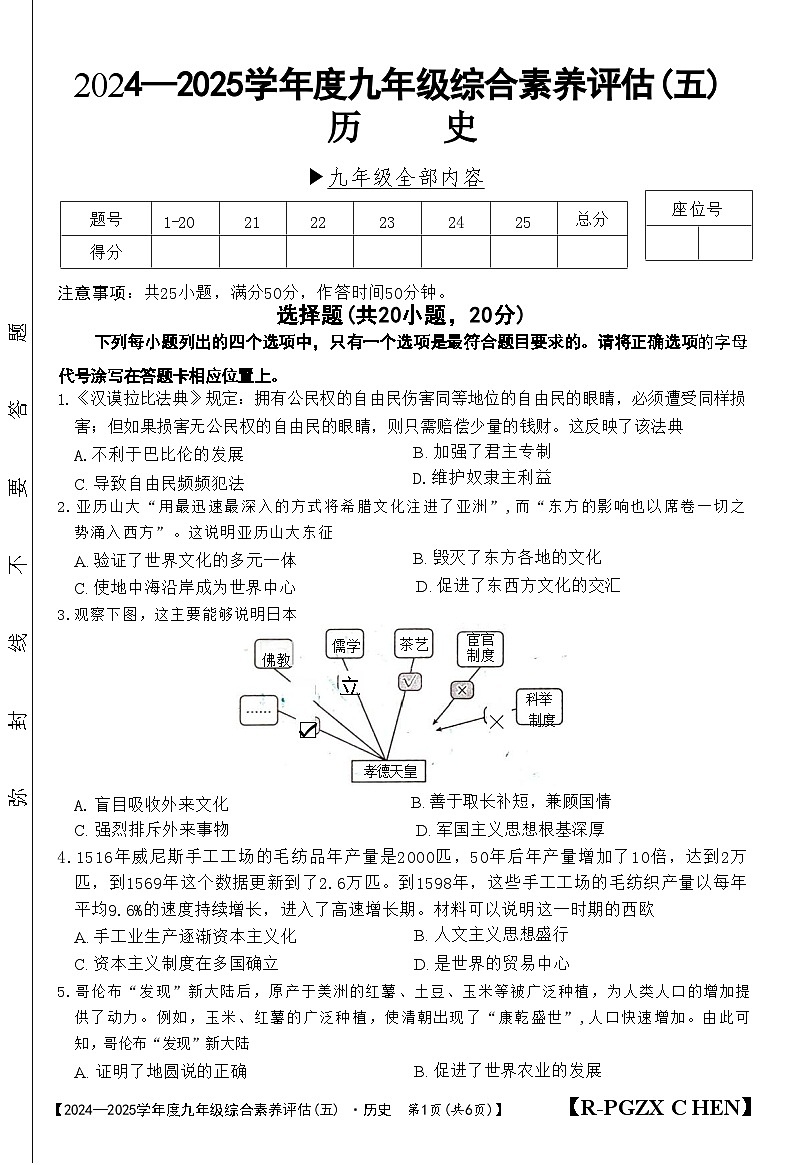 河南省周口2025年九年级春季历史（九年级全部内容）模考试卷（包含答案）第1页