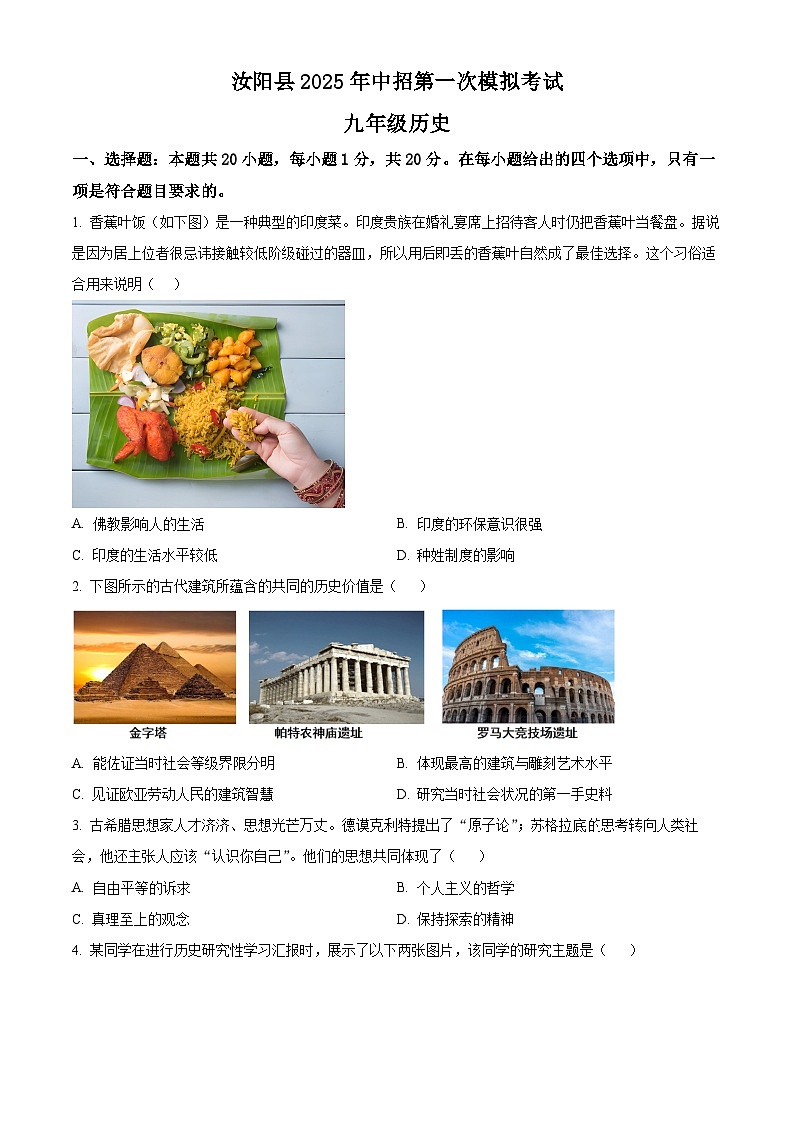2025年河南省洛阳市汝阳县中考一模历史试题（原卷版+解析版）第1页
