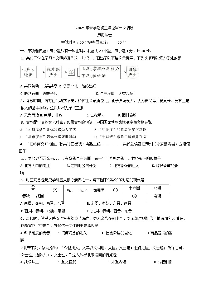 江苏省盐城市景山中学2024-2025学年九年级下学期3月月考历史试题第1页