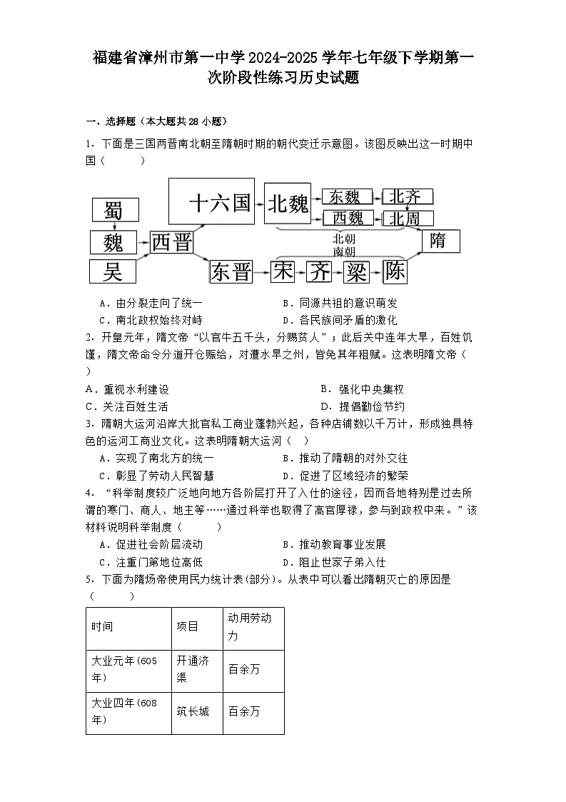 福建省漳州市第一中学2024-2025学年七年级下学期第一次阶段性练习 历史试题（含解析）第1页