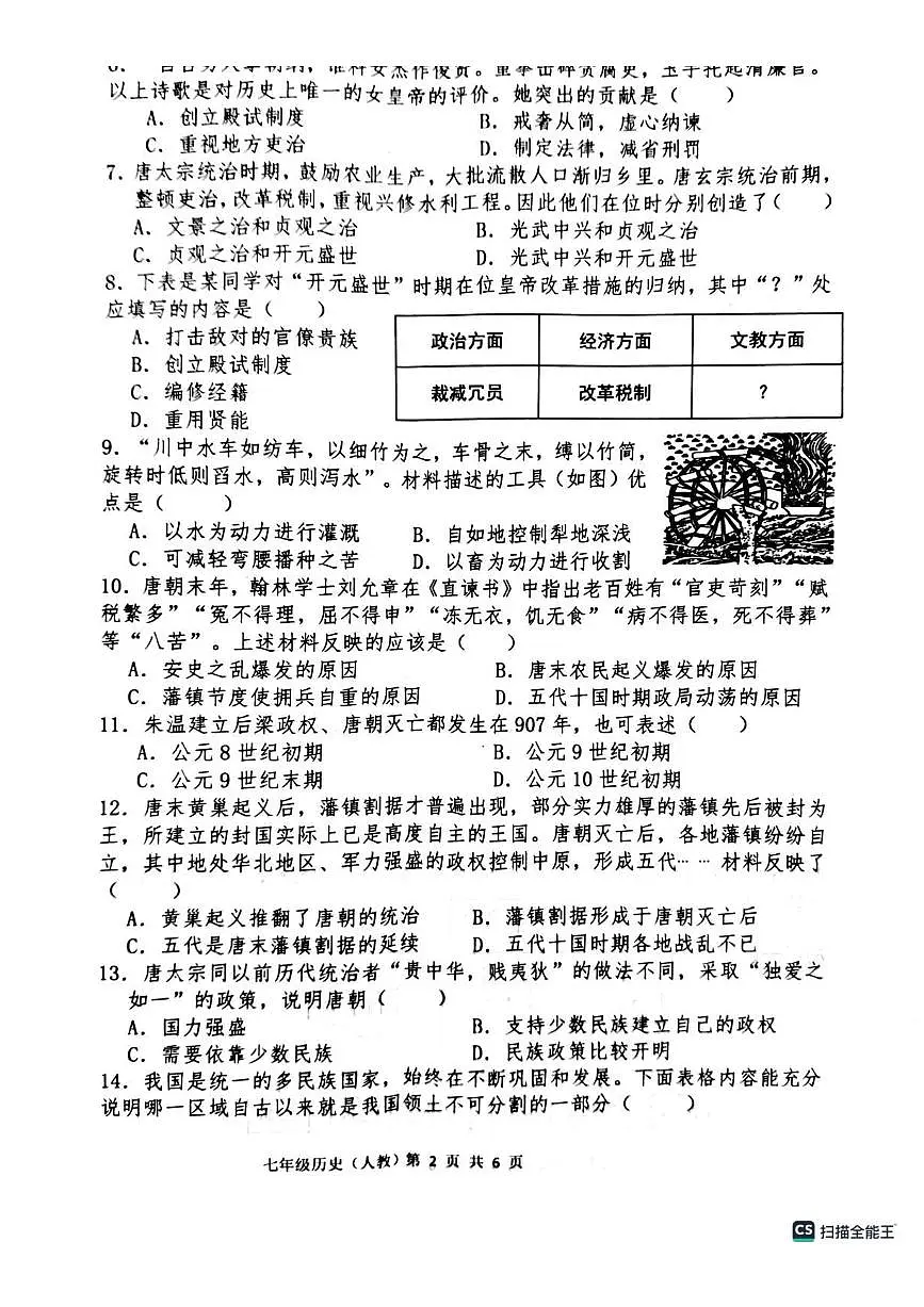 河北省唐山市第四十五中学2024--2025学年部编版七年级下学期第一次月考 历史试卷(pdf版）第2页