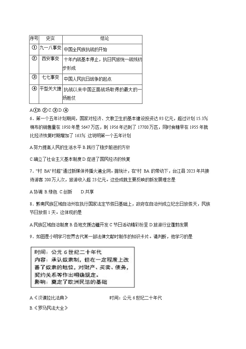 2024-2025学年贵州省铜仁市沿河土家族自治县部编版九年级下册第一次月考历史检测试题（附答案）第2页