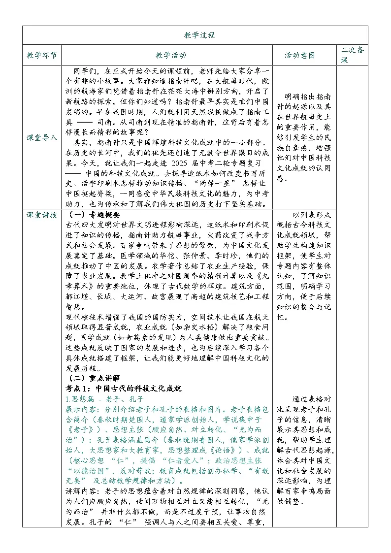 2025届中考历史二轮大专题复习05 中国的科技文化成就（教案）第2页