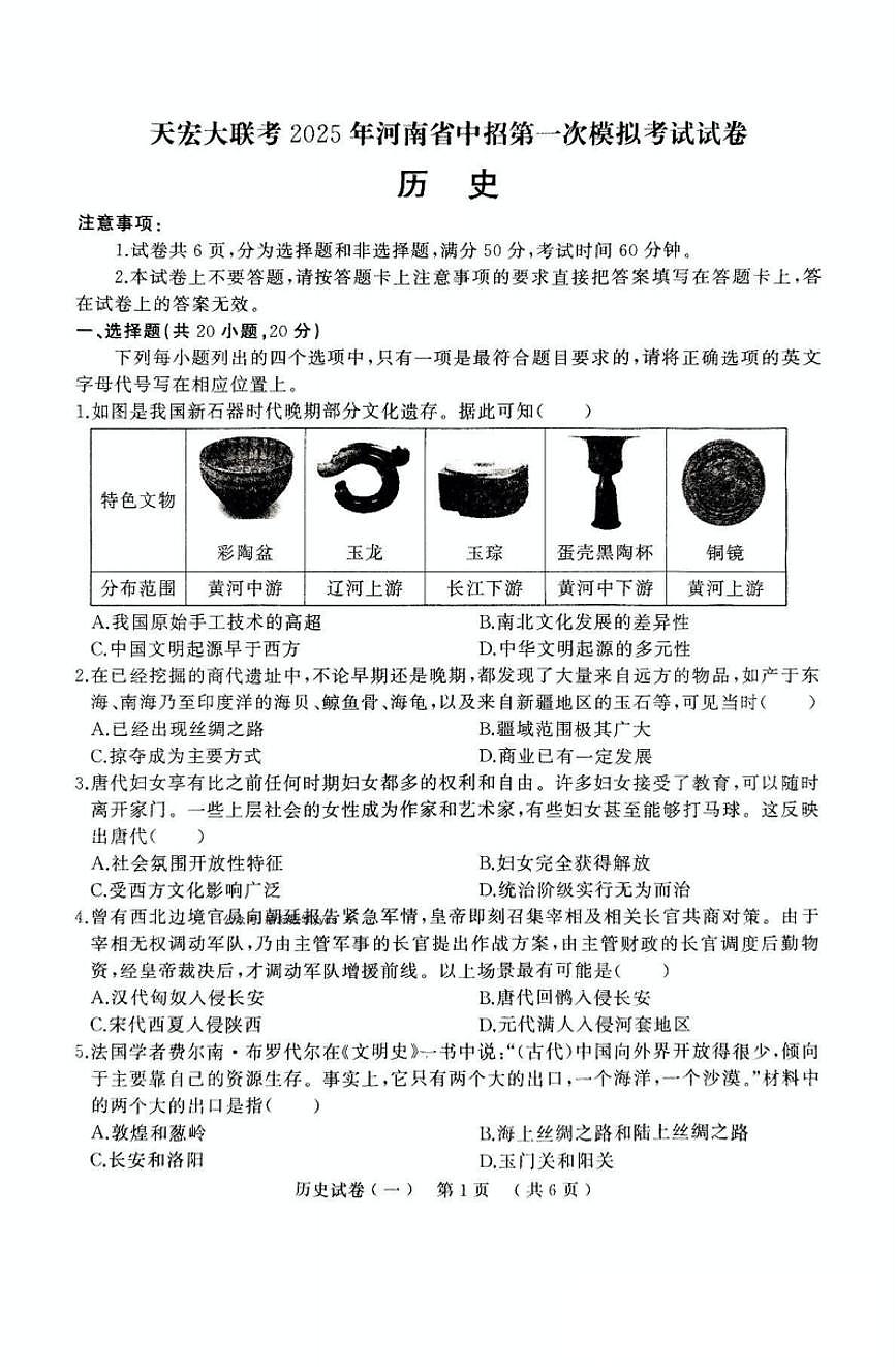 天宏大联考2024-2025学年九年级中考一模历史试卷及答案第1页