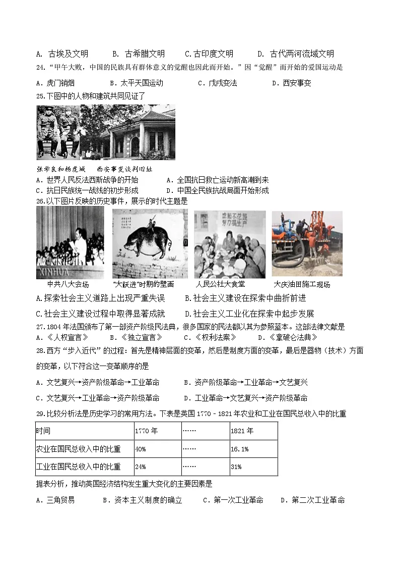 四川省乐山市马边第一初级中学2023-2024学年部编版九年级下学期历史期中试题第2页