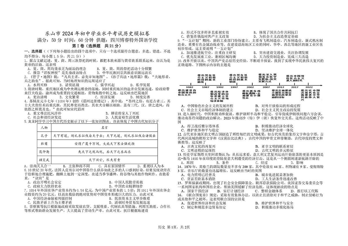 四川省乐山市2024年九年级初中学业水平考试历史模拟卷（图片版，含答案）第1页